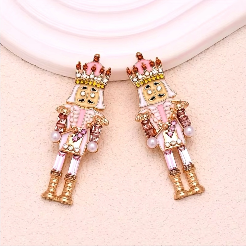 Pink and Gold Nutcracker Earrings - Picture 2 of 4